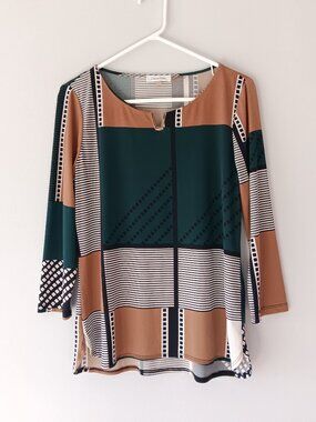 Calvin Klein Blouse 3/4 Sleeves Round Neck Stripes Green Tan Black White Medium